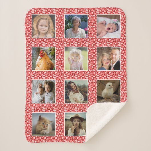 Paisley Pattern Red Custom 12 Family Photo Collage Sherpa Deken (Voorkant)