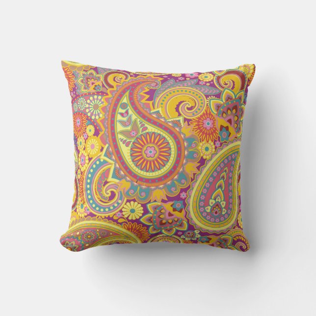 Paisley Pattern Yellow Paars Red Oranje Buitenkussen (Voorkant)