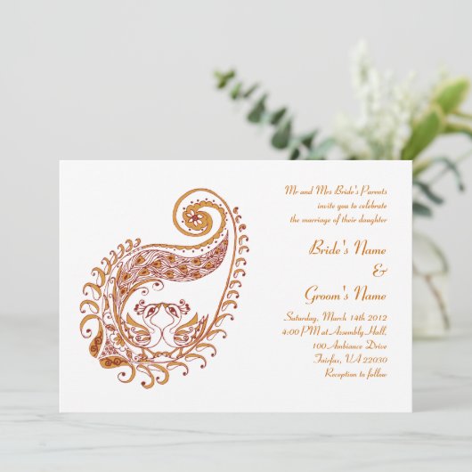 Paisley Peacock-C in Henna Art Invitation Kaart (Staand voorkant)