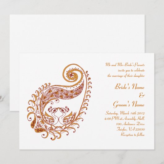 Paisley Peacock-C in Henna Art Invitation Kaart (Voorkant / Achterkant)