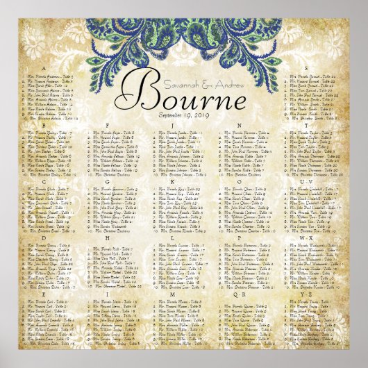 Paisley Peacock Colors Reception Seining Chart Poster (Voorkant)