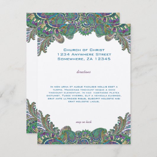 Paisley Peacock Colors Wedding Direction Reception Kaart (Voorkant / Achterkant)