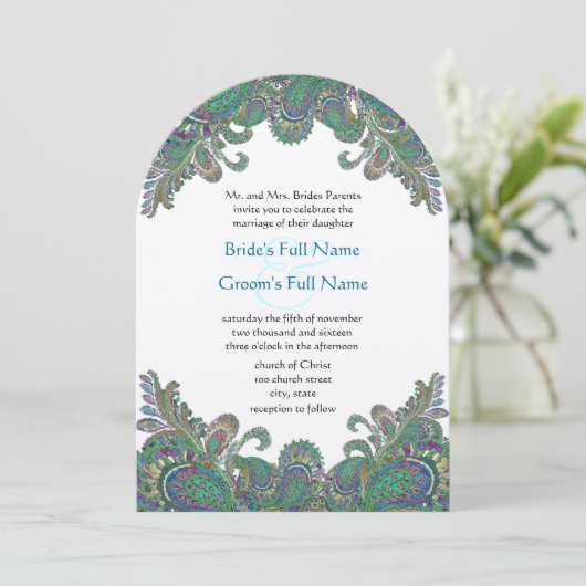 Paisley Peacock Colors Wedding Invitation Kaart (Staand voorkant)
