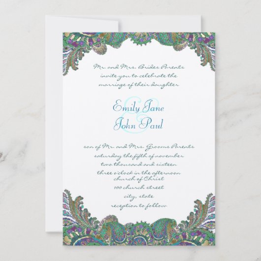 Paisley Peacock Colors Wedding Invitations Kaart (Voorkant)