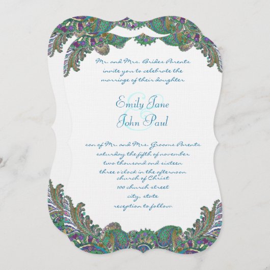 Paisley Peacock Colors Wedding Invitations Kaart (Voorkant / Achterkant)