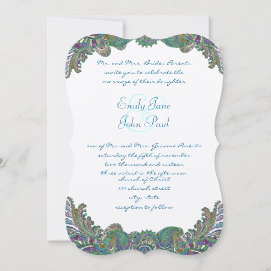 Paisley Peacock Colors Wedding Invitations Kaart (Voorkant)