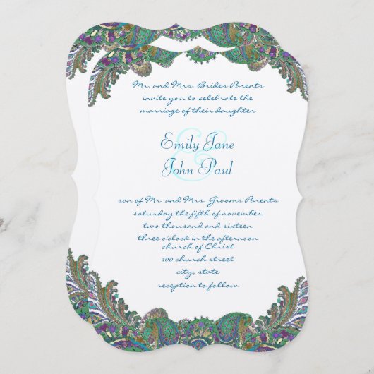 Paisley Peacock Colors Wedding Invitations Kaart (Voorkant / Achterkant)