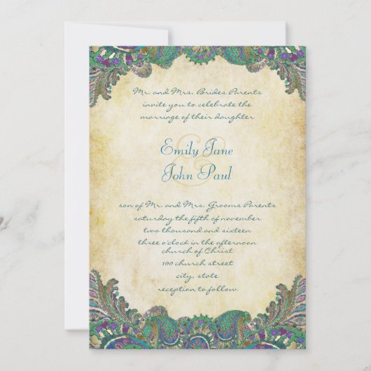 Paisley Peacock Colors Wedding Invitations Kaart (Voorkant)