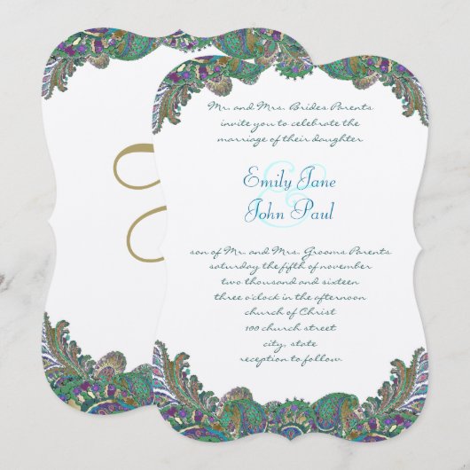 Paisley Peacock Colors Wedding Invitations Kaart (Voorkant / Achterkant)
