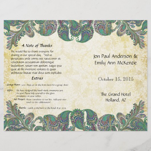  Paisley Peacock Colors Wedding Programme (Voorkant)