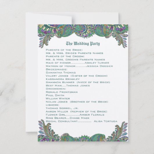 Paisley Peacock Colors Wedding Programme Kaart (Achterkant)