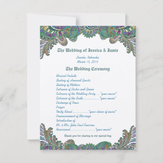 Paisley Peacock Colors Wedding Programme Kaart (Voorkant)