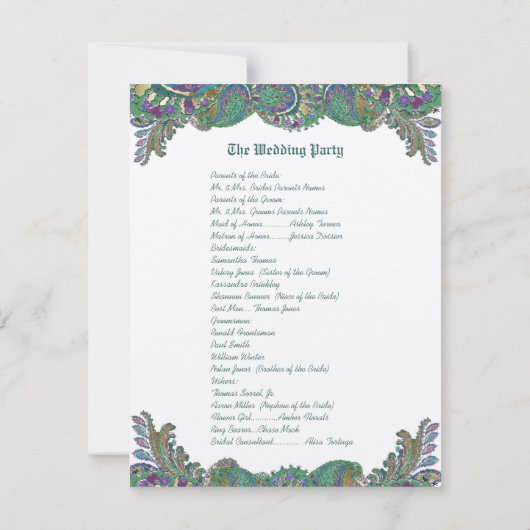 Paisley Peacock Colors Wedding Programme Kaart (Achterkant)
