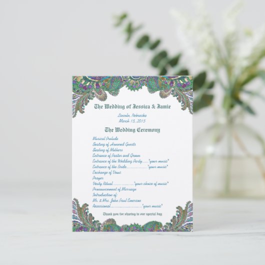 Paisley Peacock Colors Wedding Programme Kaart (Staand voorkant)