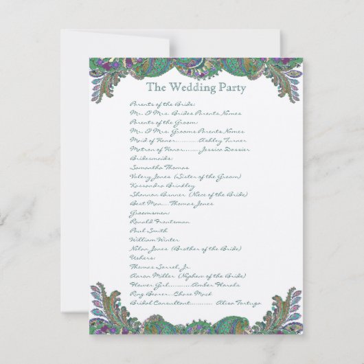 Paisley Peacock Colors Wedding Programme Kaart (Achterkant)