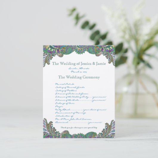 Paisley Peacock Colors Wedding Programme Kaart (Staand voorkant)
