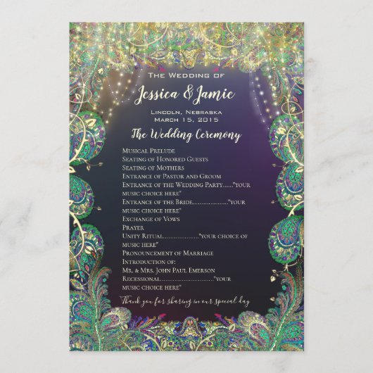 Paisley Peacock Colors Wedding Programme Programmakaart (Voorkant)