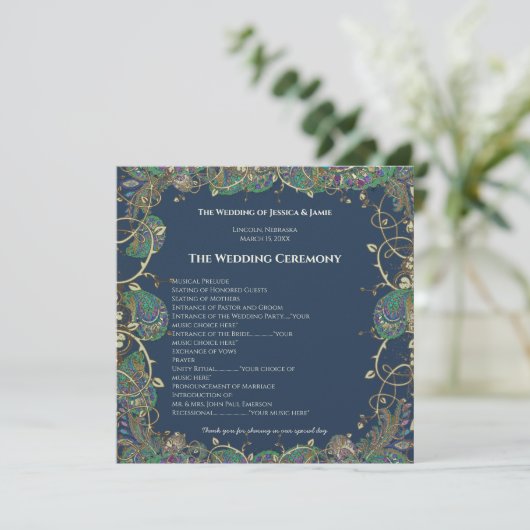 Paisley Peacock Colors Wedding Programme Programmakaart (Staand voorkant)