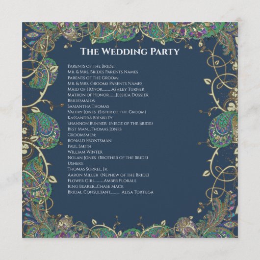 Paisley Peacock Colors Wedding Programme Programmakaart (Achterkant)