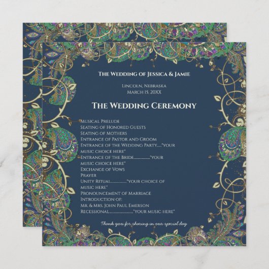 Paisley Peacock Colors Wedding Programme Programmakaart (Voorkant / Achterkant)