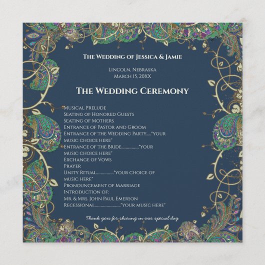 Paisley Peacock Colors Wedding Programme Programmakaart (Voorkant)