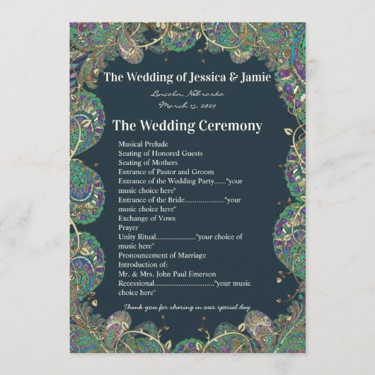 Paisley Peacock Colors Wedding Programme Programmakaart (Voorkant)