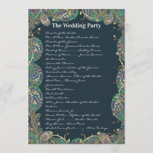 Paisley Peacock Colors Wedding Programme Programmakaart (Achterkant)