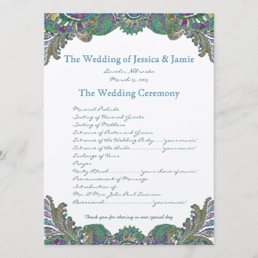 Paisley Peacock Colors Wedding Programme Programmakaart (Voorkant)
