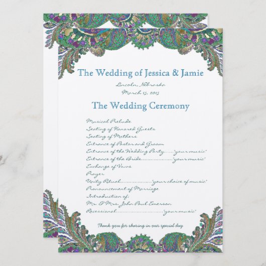 Paisley Peacock Colors Wedding Programme Programmakaart (Voorkant / Achterkant)