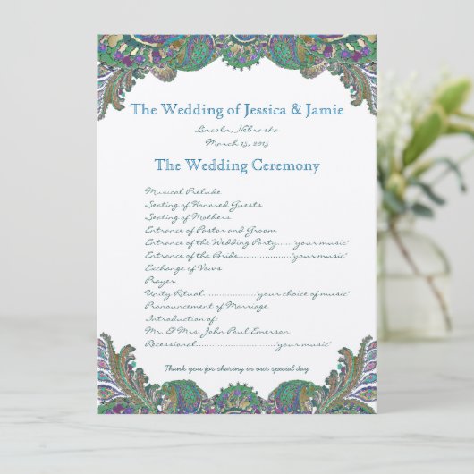 Paisley Peacock Colors Wedding Programme Programmakaart (Staand voorkant)
