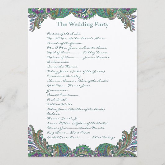 Paisley Peacock Colors Wedding Programme Programmakaart (Achterkant)