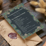 Paisley Peacock Colors Wedding Programme Programmakaart<br><div class="desc">Zeg 'ik doe' tegen een trouwdag die uniek voor jou is! Laat je grote dag opvallen met onze Whimsical Swirling Vines Wedding Programs. Met een prachtige, diepe blauwe achtergrond en een door boho geïnspireerde esthesie, zullen je gasten onder de indruk zijn. Het gouden, groene, koperen en blauwe paisleyvrek-ontwerp is perfect...</div>