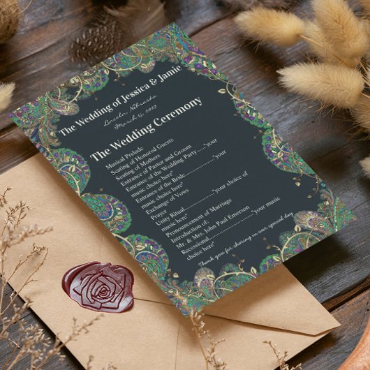 Paisley Peacock Colors Wedding Programme Programmakaart