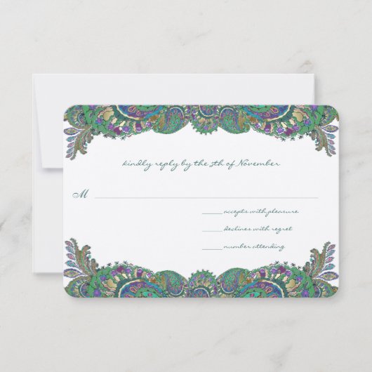 Paisley Peacock Colors Wedding Response Cards RSVP Kaartje (Voorkant)