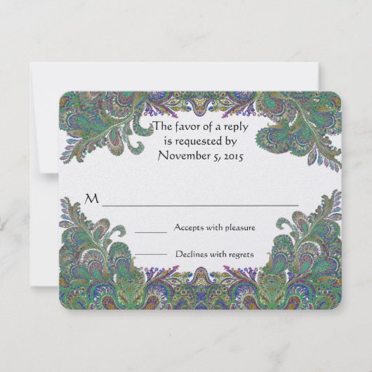 Paisley Peacock Colors Wedding Response Cards RSVP Kaartje (Voorkant)
