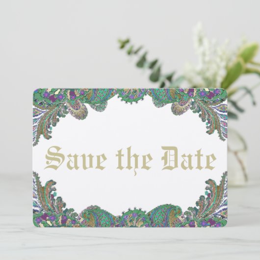 Paisley Peacock Colors Wedding Save the Date (Staand voorkant)