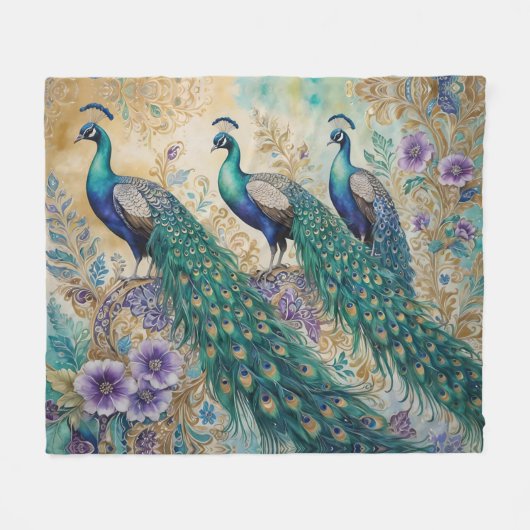 Paisley Peacock Floral Waterverf Fleece Deken (Voorkant (Horizontaal))