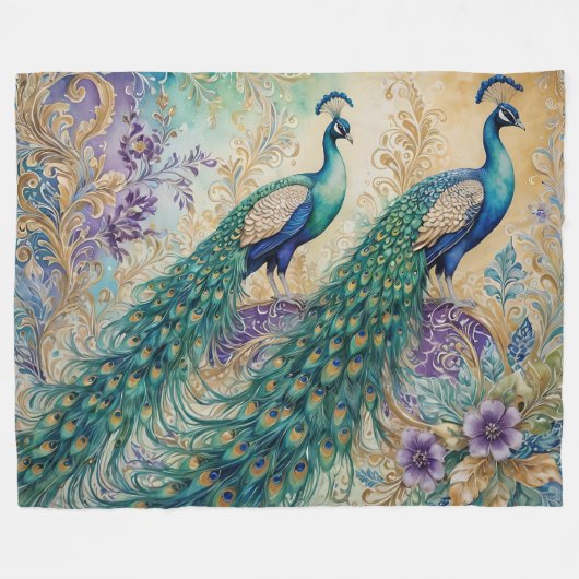 Paisley Peacock Floral Waterverf Fleece Deken (Voorkant (Horizontaal))