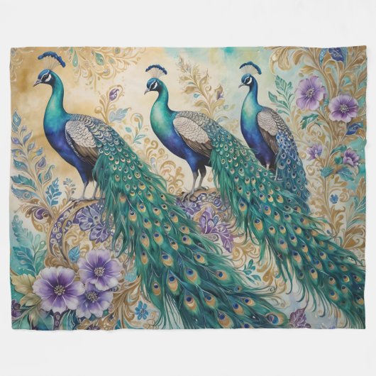 Paisley Peacock Floral Waterverf Fleece Deken (Voorkant (Horizontaal))