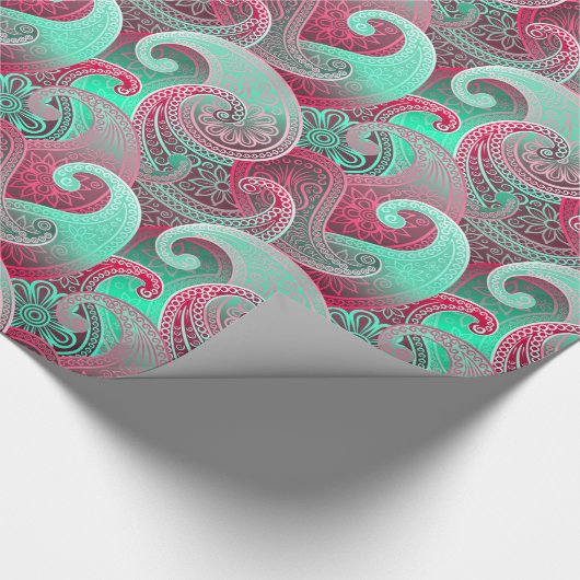 Paisley Pink en Aqua Damask Pattern Cadeaupapier (Hoek)