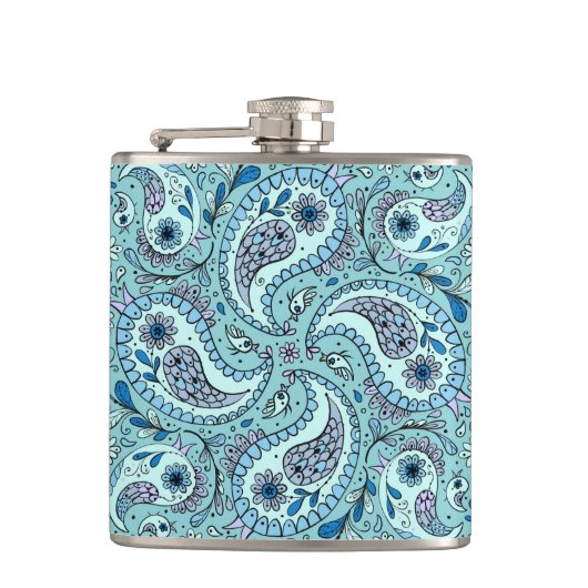 Paisley vogels in baby blauw heupfles (Voorkant)