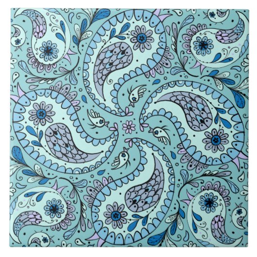 Paisley vogels in baby blauw tegeltje (Voorkant)