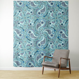 Paisley vogels in baby blauw wandkleed