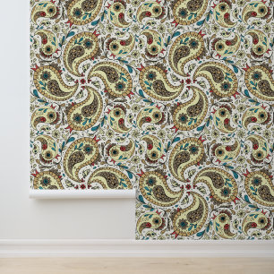 Paisley vogels in geel/bruin en wit behang