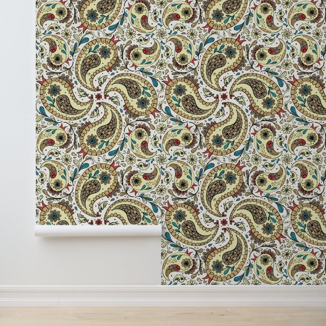 Paisley vogels in geel/bruin en wit behang (Applicatie)