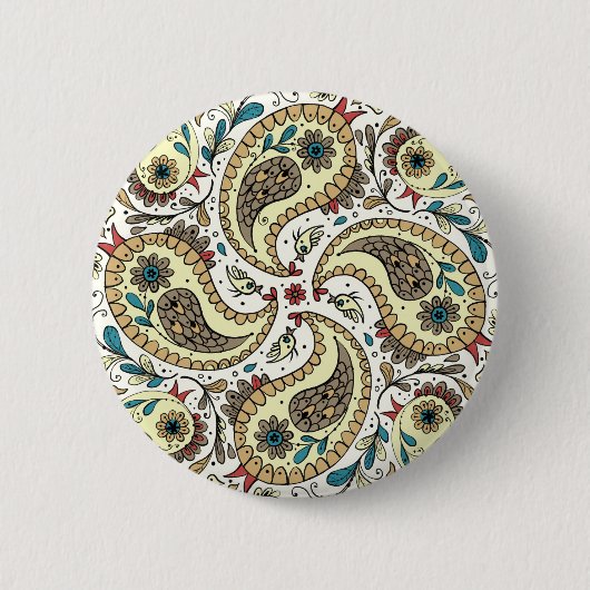 Paisley vogels in geel/bruin en wit ronde button 5,7 cm (Voorkant)