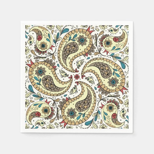 Paisley vogels in geel/bruin en wit servet (Voorkant)