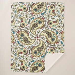 Paisley vogels in geel/bruin en wit sherpa deken
