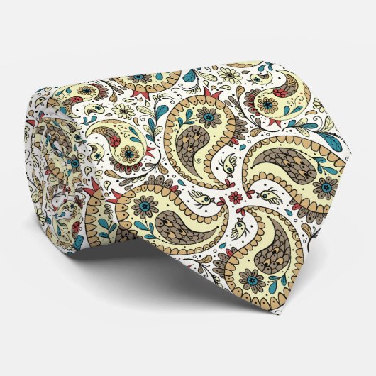 Paisley vogels in geel/bruin en wit stropdas (Opgerold)