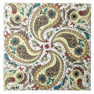 Paisley vogels in geel/bruin en wit tegeltje